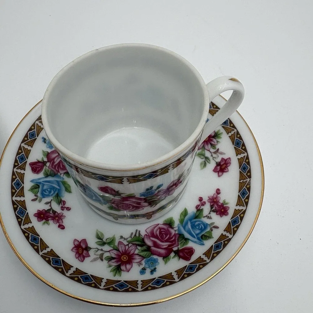 Vtg Porcelain Floral Demitasse Cup & Saucer‎ Espresso Roses 2 Sets Made In China